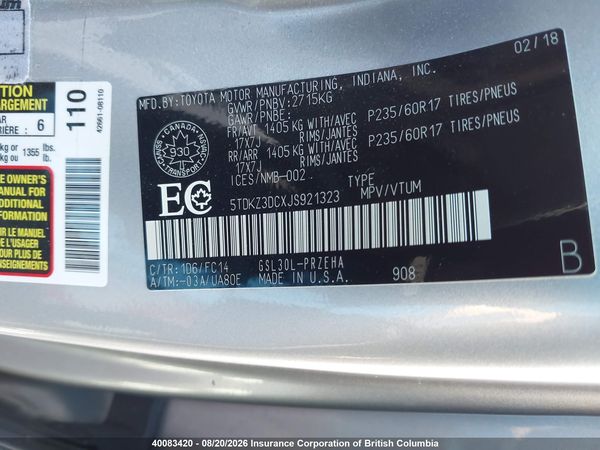 2018 TOYOTA SIENNA LE — I9