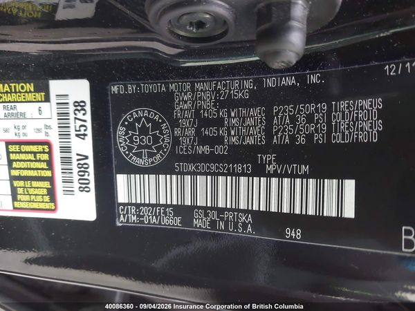 2012 TOYOTA SIENNA SE 8 PASSENGER