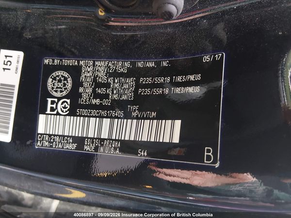 2017 TOYOTA SIENNA XLE 7 PASSENGER