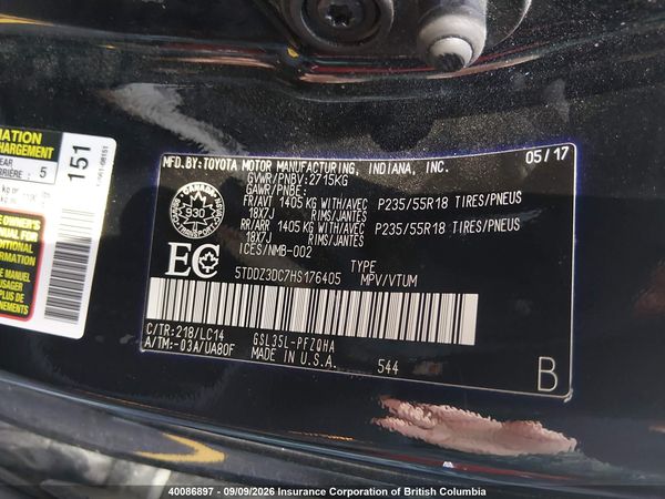 2017 TOYOTA SIENNA XLE 7 PASSENGER