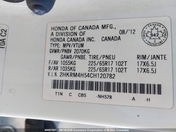 2012 HONDA CR-V EX — I9