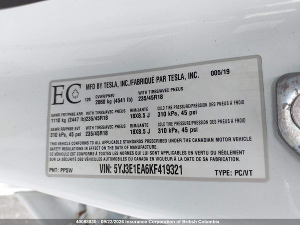 2019 TESLA MODEL 3 — I9