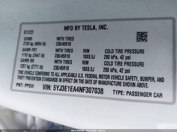 2022 TESLA MODEL 3 REAR-WHEEL DRIVE