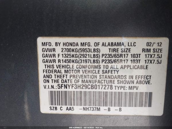 2012 HONDA PILOT LX