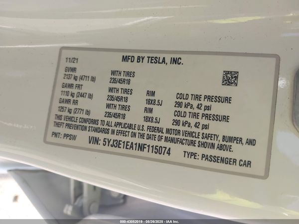 2022 TESLA MODEL 3 REAR-WHEEL DRIVE
