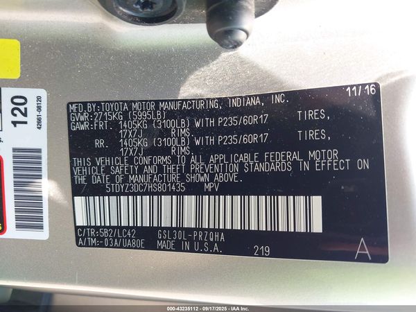 2017 TOYOTA SIENNA XLE PREMIUM 8 PASSENGER