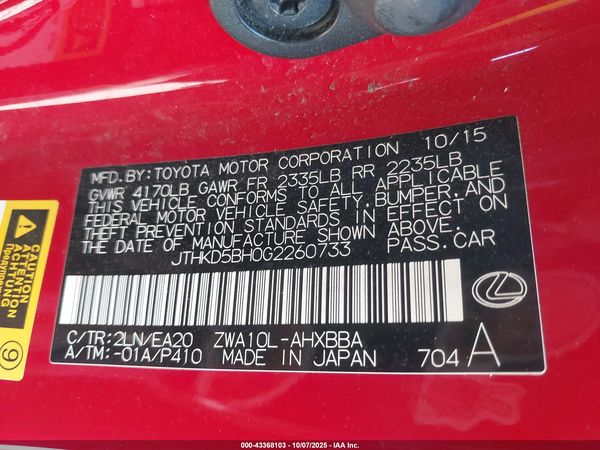 2016 LEXUS CT 200H