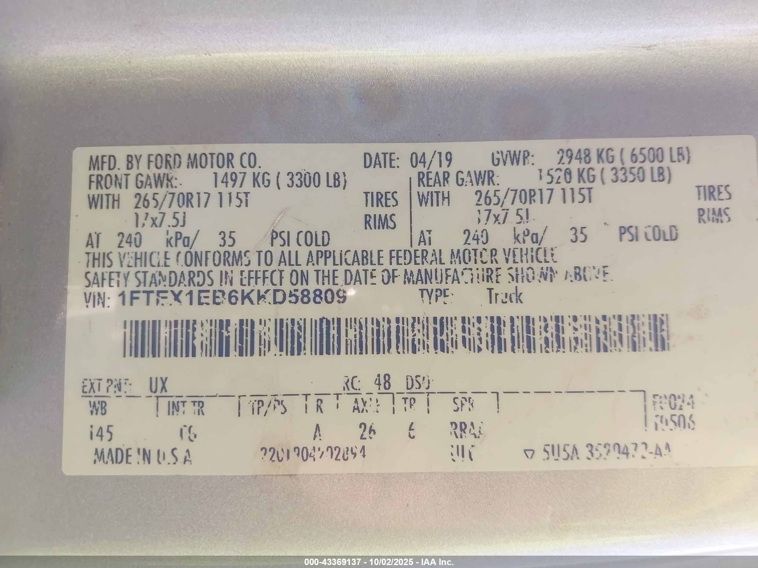 2019 FORD F-150 XL