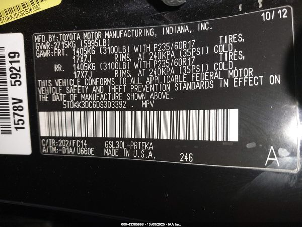 2013 TOYOTA SIENNA LE V6 8 PASSENGER