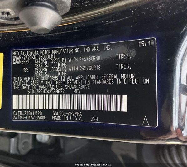2019 TOYOTA HIGHLANDER XLE