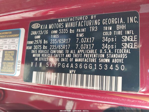 2016 KIA SORENTO 2.4L LX