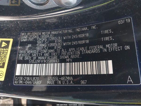 2019 TOYOTA HIGHLANDER XLE