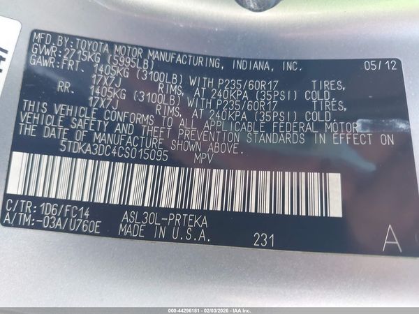 2012 TOYOTA SIENNA LE 8 PASSENGER — I9
