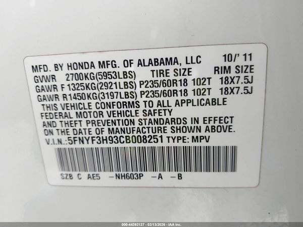 2012 HONDA PILOT TOURING