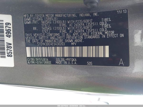 2014 TOYOTA SIENNA XLE V6 8 PASSENGER