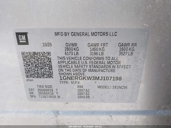 2021 CHEVROLET TRAVERSE FWD LT CLOTH — I9