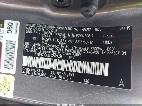 2015 TOYOTA SIENNA L 7 PASSENGER