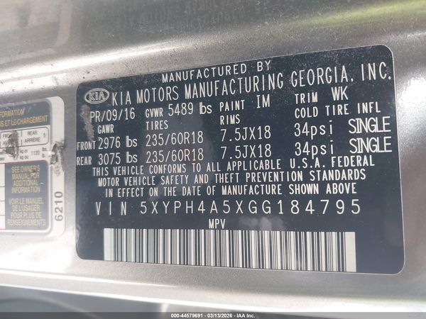2016 KIA SORENTO 3.3L EX