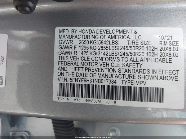 2022 HONDA PILOT AWD SPORT