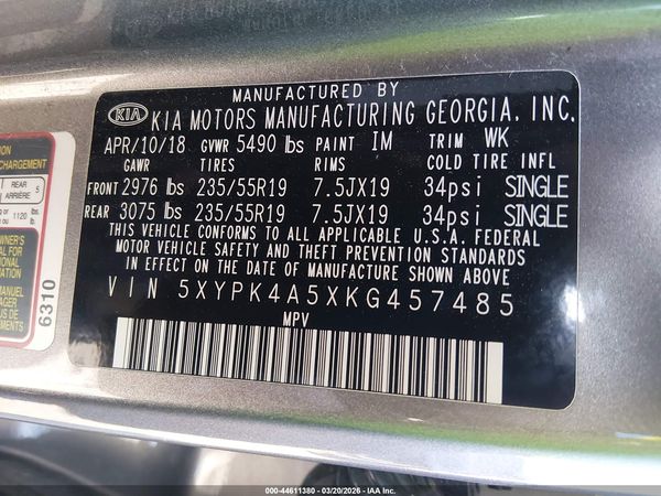 2019 KIA SORENTO 3.3L SXL