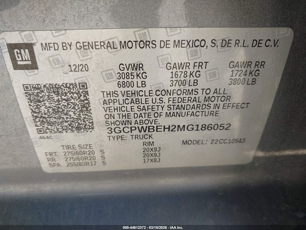 2021 CHEVROLET SILVERADO 1500 2WD  SHORT BED CUSTOM — I9