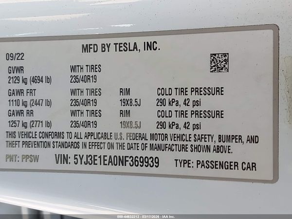2022 TESLA MODEL 3 REAR-WHEEL DRIVE