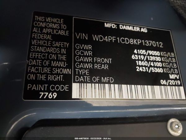 2019 MERCEDES-BENZ SPRINTER 2500 HIGH ROOF V6