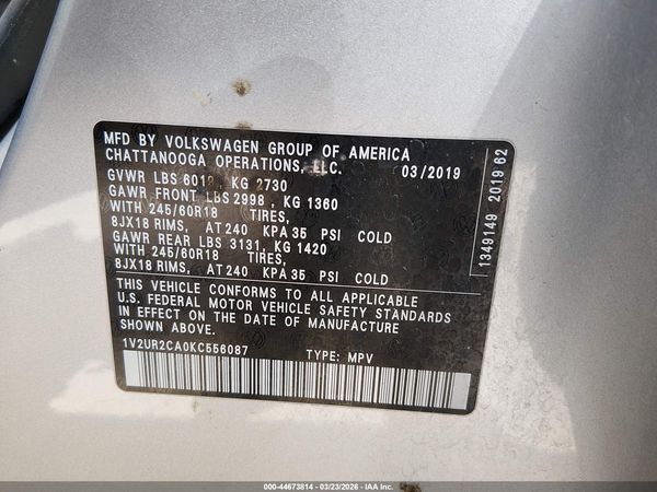 2019 VOLKSWAGEN ATLAS 3.6L V6 SE W/TECHNOLOGY — I9