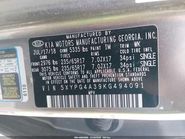2019 KIA SORENTO 2.4L L