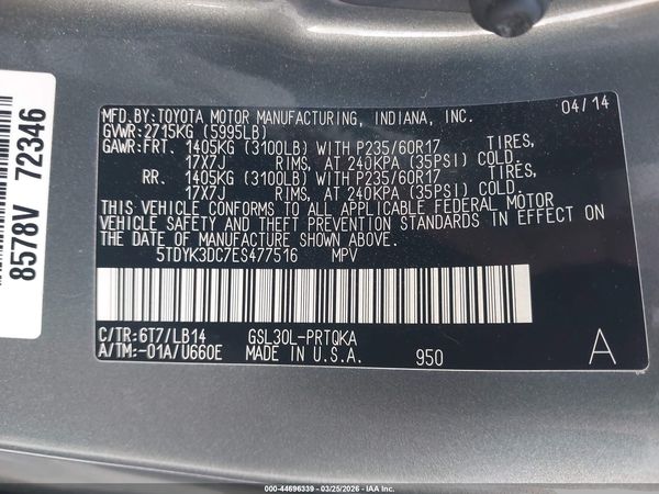 2014 TOYOTA SIENNA XLE V6 8 PASSENGER — I9