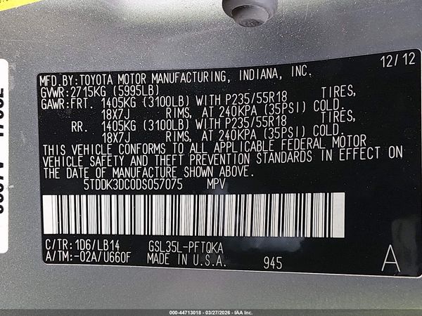 2013 TOYOTA SIENNA XLE 7 PASSENGER