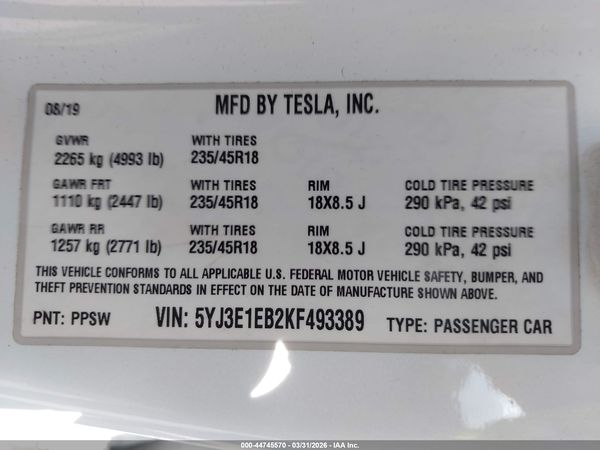 2019 TESLA MODEL 3 LONG RANGE/PERFORMANCE