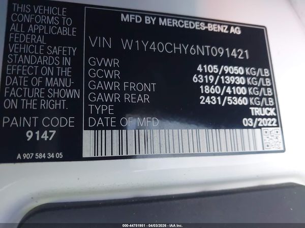 2022 MERCEDES-BENZ SPRINTER 2500 HIGH ROOF I4