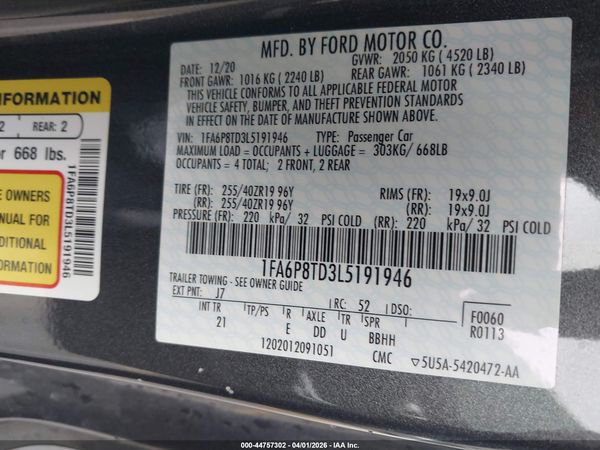 2020 FORD MUSTANG ECOBOOST FASTBACK