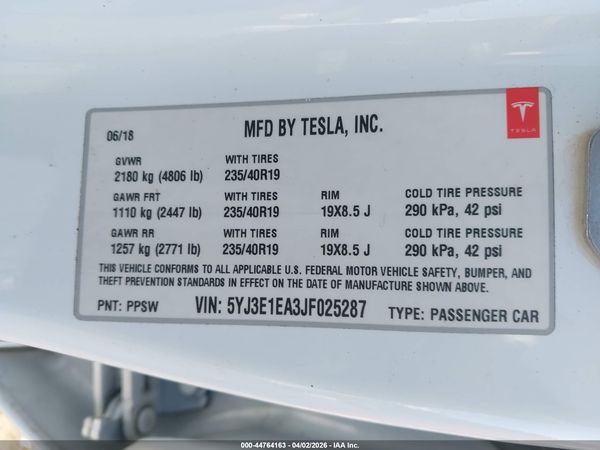 2018 TESLA MODEL 3 LONG RANGE/MID RANGE
