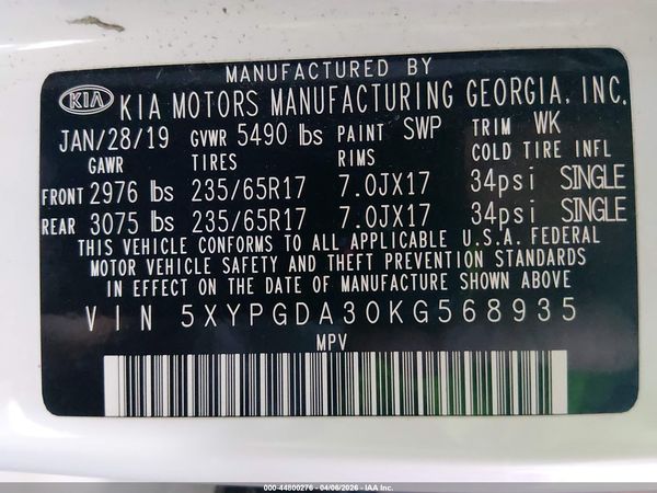 2019 KIA SORENTO 2.4L LX