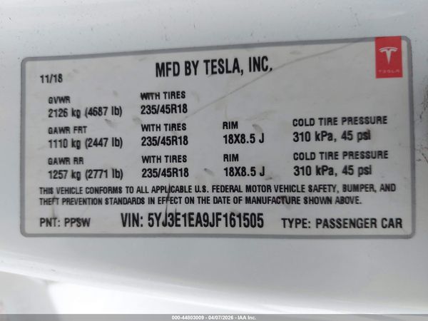 2018 TESLA MODEL 3 LONG RANGE/MID RANGE