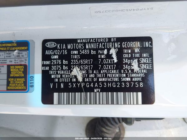 2017 KIA SORENTO 3.3L LX