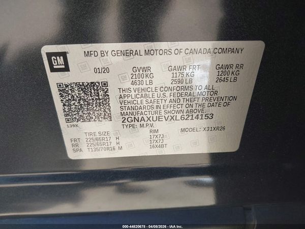 2020 CHEVROLET EQUINOX AWD LT 1.5L TURBO — I9