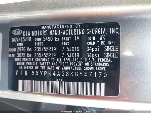 2019 KIA SORENTO 3.3L SXL