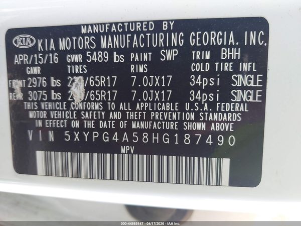 2017 KIA SORENTO 3.3L LX