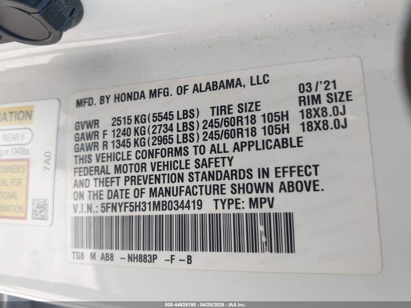 2021 HONDA PILOT 2WD EX — I9