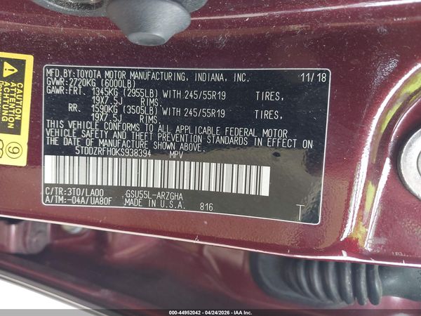 2019 TOYOTA HIGHLANDER LIMITED