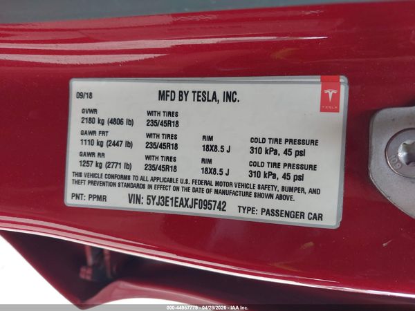 2018 TESLA MODEL 3 LONG RANGE/MID RANGE