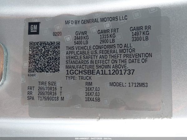 2020 CHEVROLET COLORADO 2WD  LONG BOX WT — I9