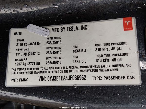 2018 TESLA MODEL 3 LONG RANGE/MID RANGE