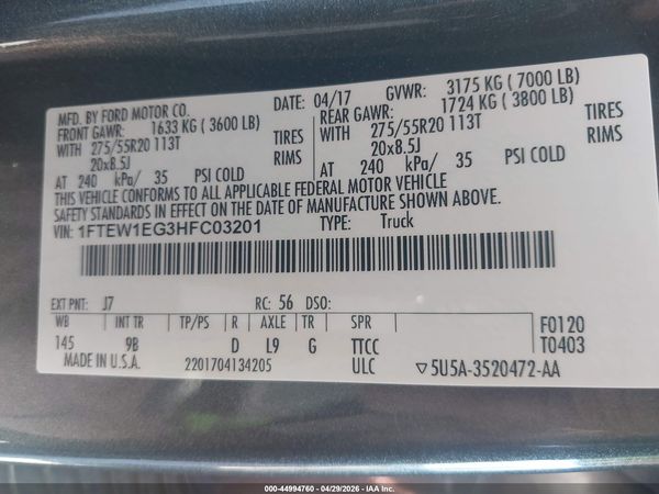 2017 FORD F-150 PLATINUM