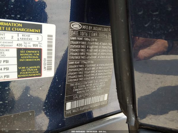 2016 LAND ROVER RANGE ROVER SPORT 3.0L V6 SUPERCHARGED HSE — I9