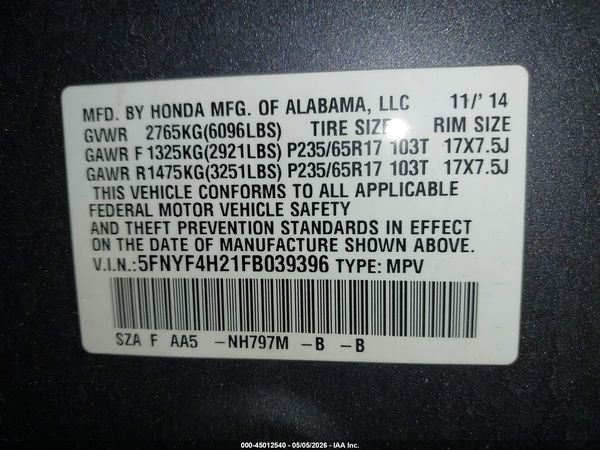 2015 HONDA PILOT LX