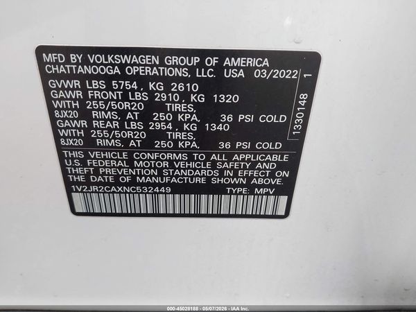 2022 VOLKSWAGEN ATLAS 3.6L V6 SE W/TECHNOLOGY — I9